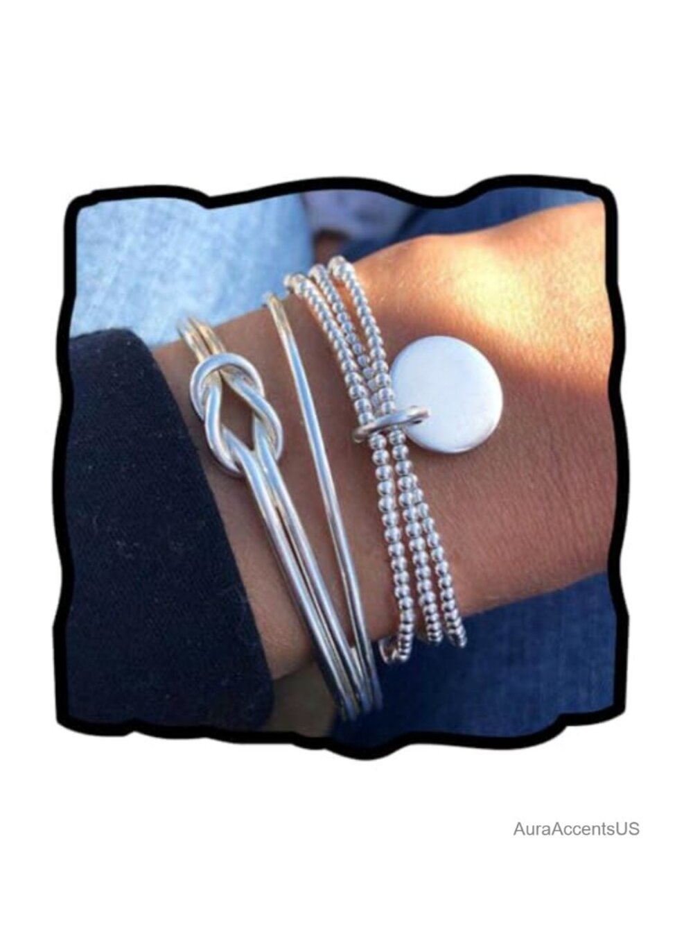 Boho Knot Bangle Bracelet Set with Coin Charms, Silver Alloy, Adjustable
